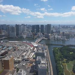 Vue depuis le Dentsu building sur le marché de Tsukiji, le jardin Hama-Rikyû et la baie de Tokyo